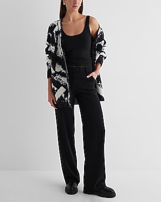 London Printed Fuzzy Knit Button Front Cardigan