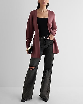 Ribbed Dolman Sleeve Belted Cardigan Purple Women's XL