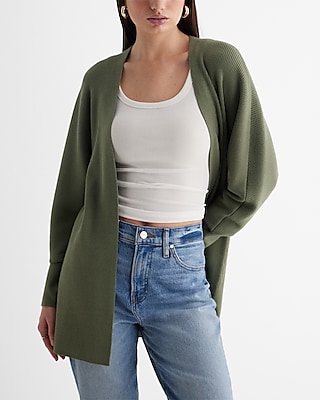 Ribbed Dolman Sleeve Belted Cardigan Green Women's M