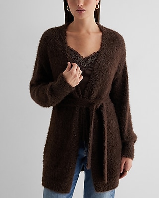 Faux Fur Sequin Balloon Sleeve Belted Cardigan Brown Women's XXS