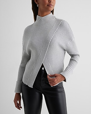 Ribbed Mock Neck Cuffed Sleeve Crossover Sweater
