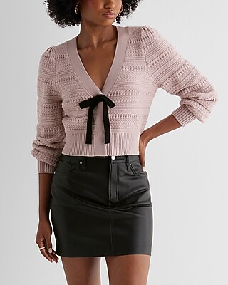 Textured V-Neck Bow Cardigan Red Women's XS