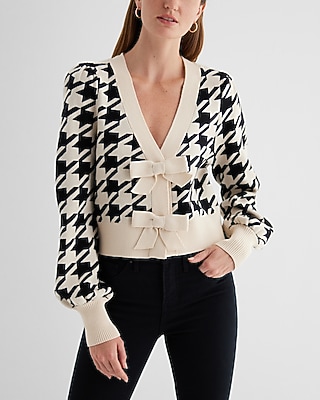 Houndstooth V-Neck Bow Cardigan