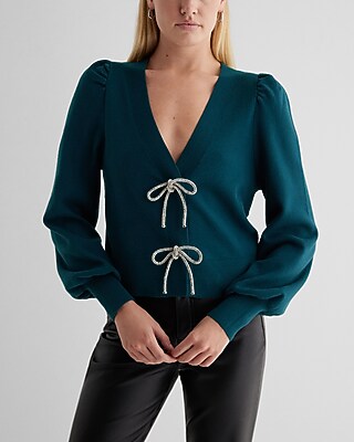 V-Neck Embellished Rhinestone Bow Cardigan Green Women's XL