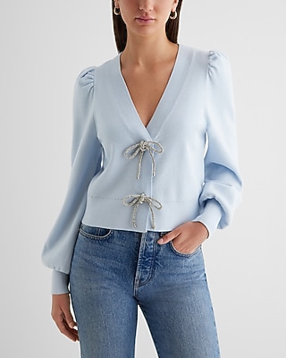 V-Neck Embellished Rhinestone Bow Cardigan Blue Women's M