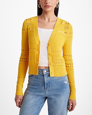 Crochet V-Neck Cardigan Yellow Women's M