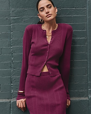 Fitted Ribbed Crew Neck Long Sleeve Cardigan