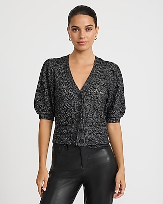 Pointelle V-Neck Puff Sleeve Cardigan