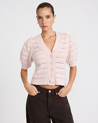 Pointelle V-Neck Puff Sleeve Cardigan