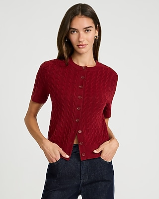 Cable Knit Short Sleeve Cardigan in Airy Soft