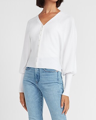 Image of Balloon Sleeve V-Neck Cardigan White Women's XXS