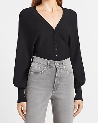 Image of Balloon Sleeve V-Neck Cardigan Black Women's XXS