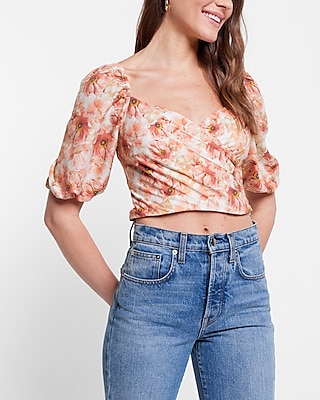 Satin Floral Print Faux Wrap Tie Back Crop Top