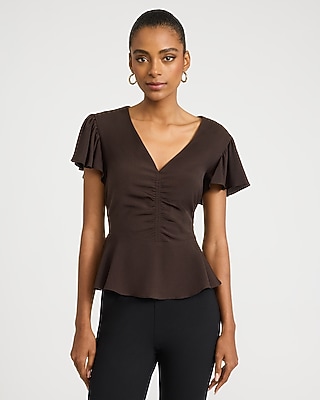 Crepe V-Neck Flutter Sleeve Peplum Top