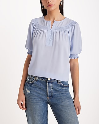 Smocked Short Puff Sleeve Half Button Up Top Women's