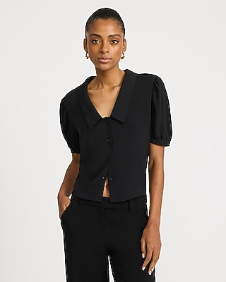 Crepe V-Neck Puff Sleeve Shirt