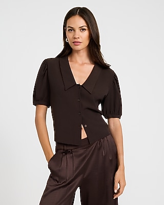 Crepe V-Neck Puff Sleeve Shirt