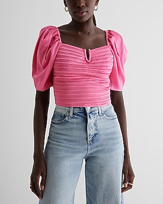 Satin V-Bar Puff Sleeve Ruched Pleated Top Pink Women's M