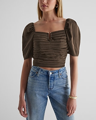 Satin V-Bar Puff Sleeve Ruched Pleated Top Green Women's XL