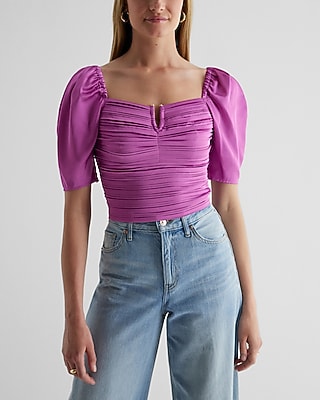 Satin V-Bar Puff Sleeve Ruched Pleated Top Purple Women's XS