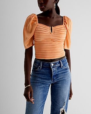 Satin V-Bar Puff Sleeve Ruched Pleated Top Orange Women's S