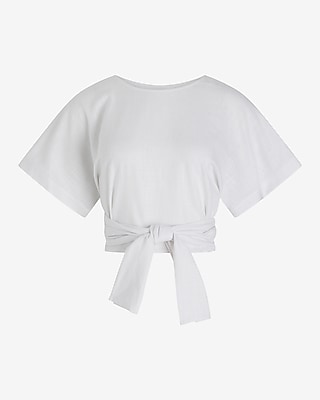 Linen-Blend Crew Neck Convertible Tie Top White Women's