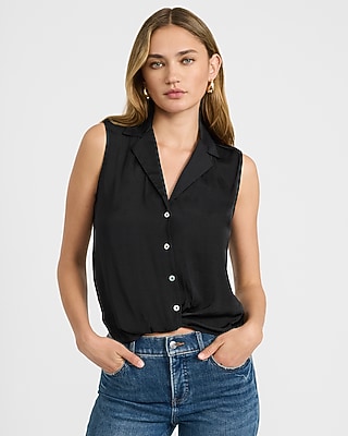 Satin Button Front Collared Sleeveless Bubble Shirt