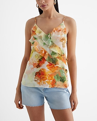 Floral V-Neck Ruffle Front Downtown Cami Multi-Color Women's L