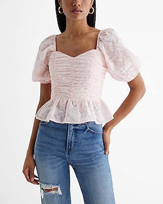 Striped Floral Puff Sleeve Ruched Peplum Top Pink Women