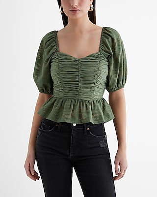 Striped Floral Puff Sleeve Ruched Peplum Top Green Women's