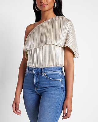 Rachel Zoe Metallic Draped One Shoulder Thong Bodysuit