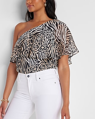 Rachel Zoe Animal Print Draped One Shoulder Thong Bodysuit