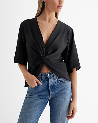 Satin V-Neck Half Sleeve Twist Front Top