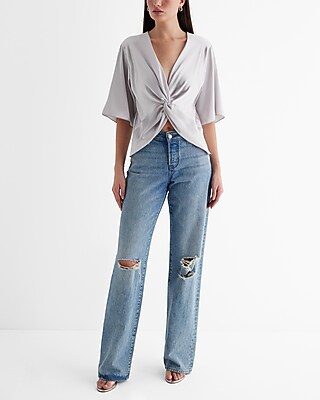 Satin V-Neck Half Sleeve Twist Front Top Silver Women's XS