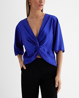 Satin V-Neck Half Sleeve Twist Front Top Blue Women's XS