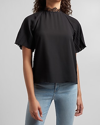 Lace Mock Neck Pleated Sleeve Top