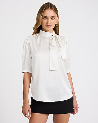 Satin Tie Neck Elbow Sleeve Top