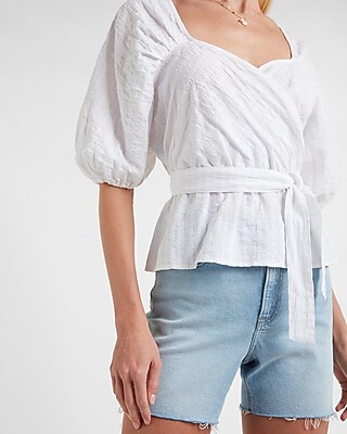 Belted Puff Sleeve Wrap Front Top