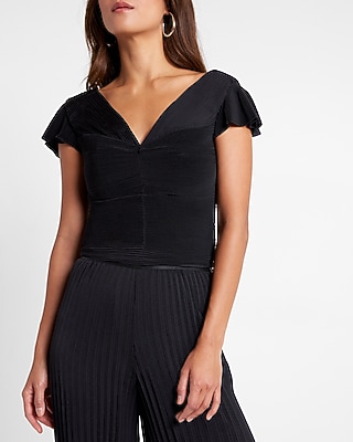 Pleated Flutter Sleeve Crop Top Black Women's XS