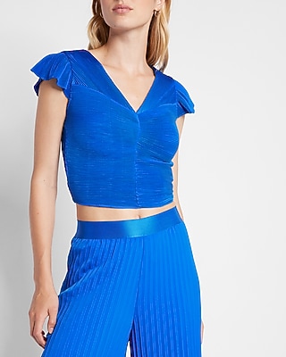 Pleated Flutter Sleeve Crop Top Blue Women's S