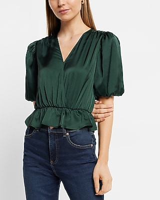 Satin Faux Wrap Peplum Thong Bodysuit Green Women's XS