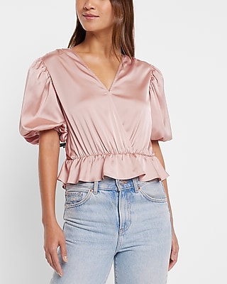 Satin Faux Wrap Peplum Thong Bodysuit Pink Women's XXS