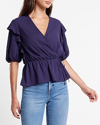 Faux Wrap Puff Sleeve Peplum Top Purple Women's XL