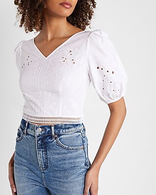 Embroidered Eyelet Puff Sleeve Crop Top