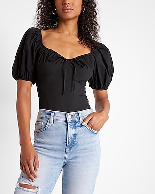 Puff Sleeve Tie Neck Thong Bodysuit