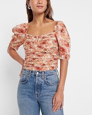 Satin Floral Print Ruched V-Bar Crop Top Multi-Color Women's XS