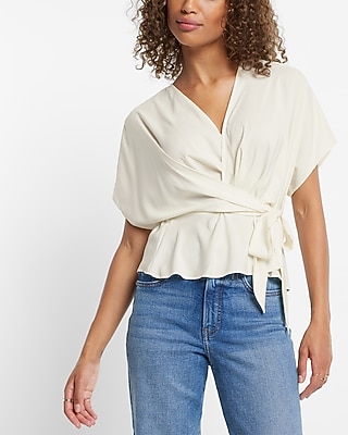Draped Faux Wrap Tie Waist Peplum Top