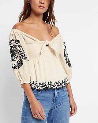 Embroidered Eyelet Off The Shoulder Tie Front Top Neutral Women's XXS