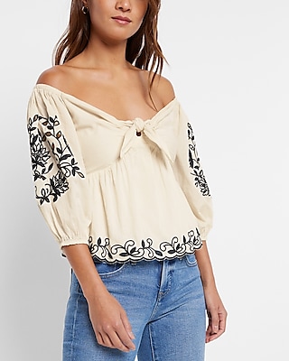 Embroidered Eyelet Off The Shoulder Tie Front Top Neutral Women's XXS