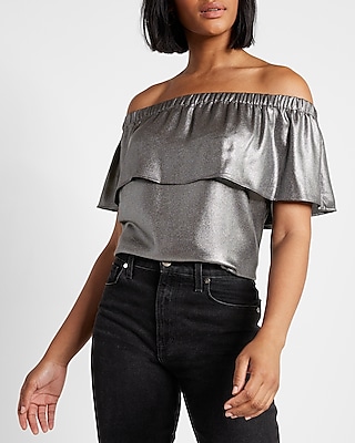 Metallic Off The Shoulder Ruffle Overlay Top